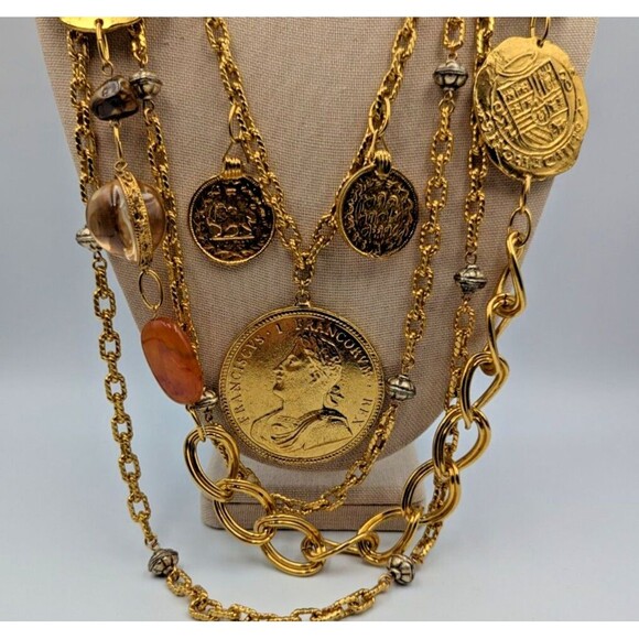 Vintage Les Bernard Gold Tone Multi Stand Coin Lucite Long Statement Necklace - Picture 8 of 16